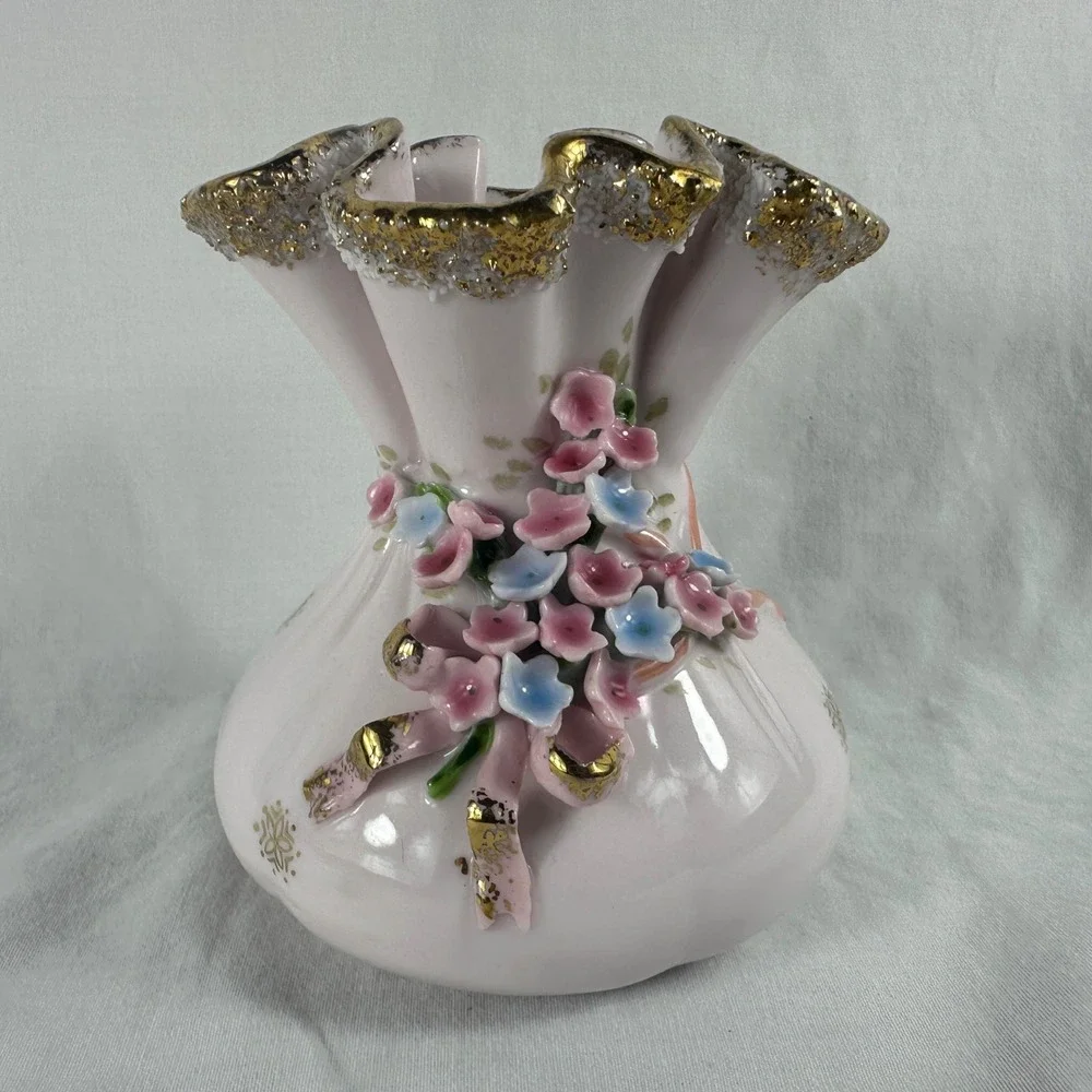 Vtg Lefton Pink Pouch Purse Vase Applied Flowers Forget-Me-Nots Gold Trim Mint